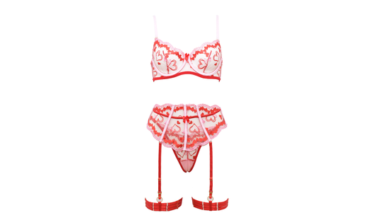 Red embroidered sexy lingerie set with garter straps by Erisca
