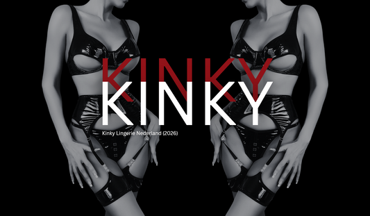 Kinky lingerie Nederland 2026 – zwart leren set met straps en dominante structuur