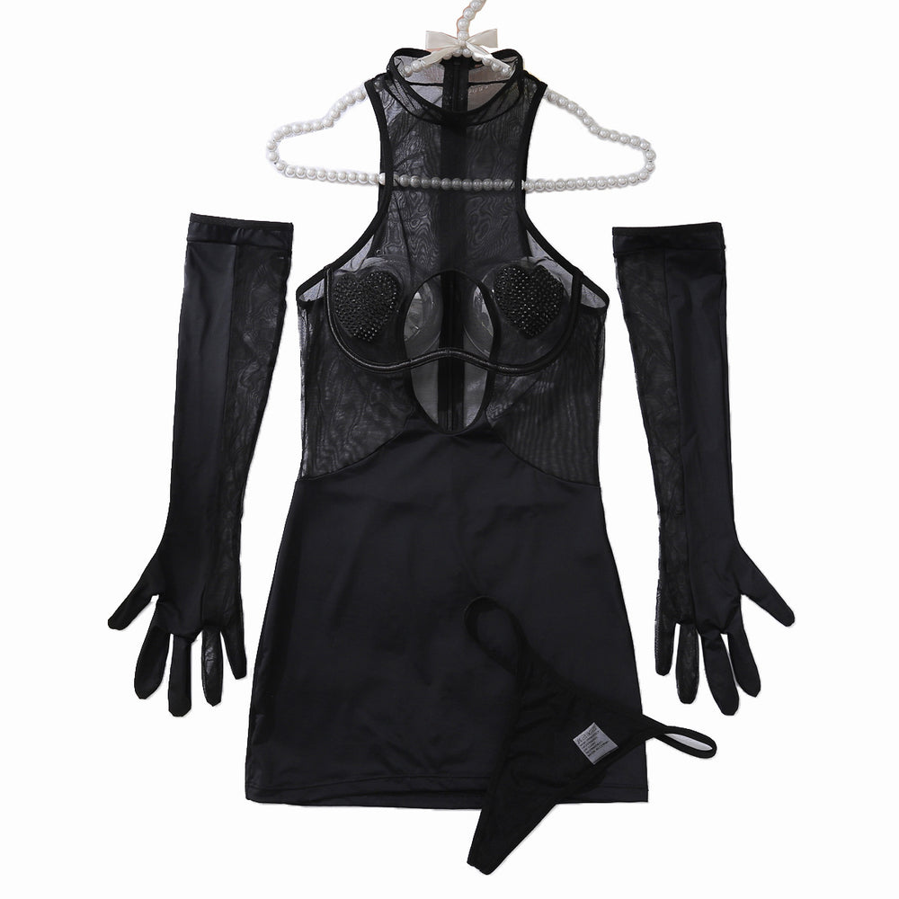 Sexy Heart Mesh Mini Dress & Gloves Set - 3-Piece Body Shaping Lingerie