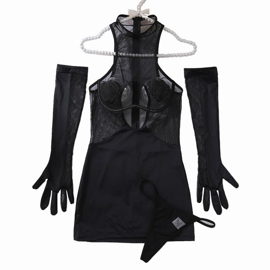 Sexy Heart Mesh Mini Dress & Gloves Set - 3-Piece Body Shaping Lingerie