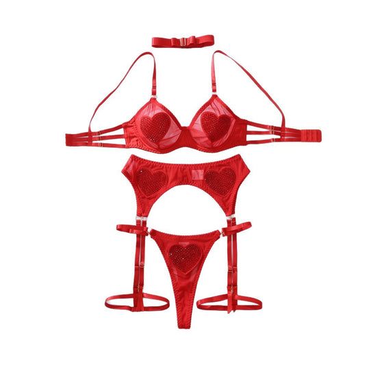 Sexy Red Heart Sequin Lingerie Set - 4-Piece Garter & Choker Outfit